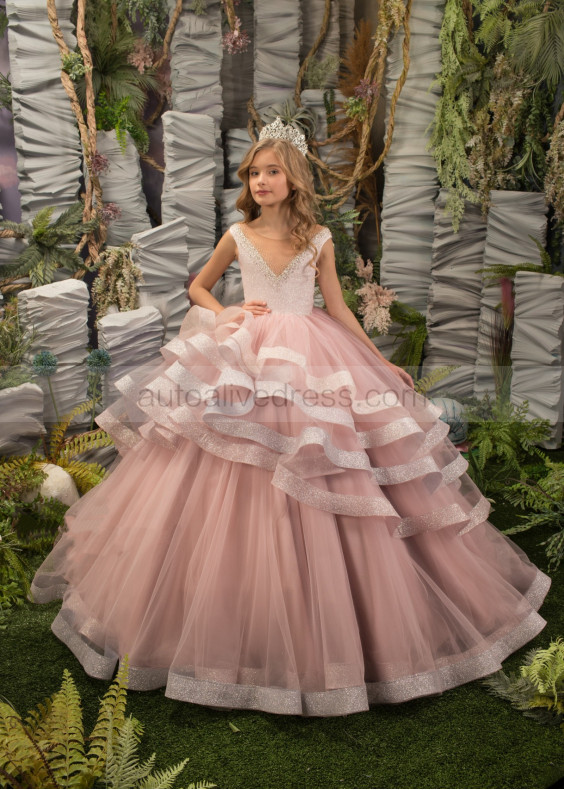 Beaded Blush Pink Ruffle Tulle Glitter Horsehair Flower Girl Dress